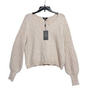 FRYE Sweater Women's XL Beige Knit Balloon Sleeve V-Neck Scallop Hem Wool Blend